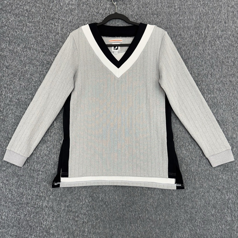 FootJoy Women's Golf Pullover Sweater Gray Ribbed V-Neck Long Sleeve Medium